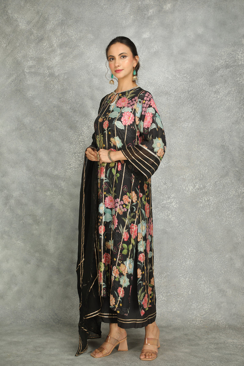 Black Printed Kurta With Pants And Dupatta Set Of 3