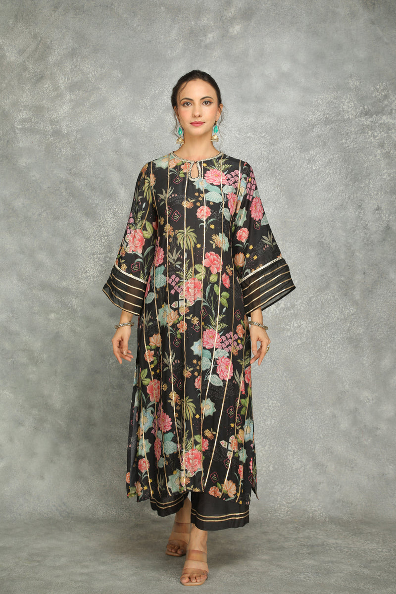 Black Printed Kurta With Pants And Dupatta Set Of 3