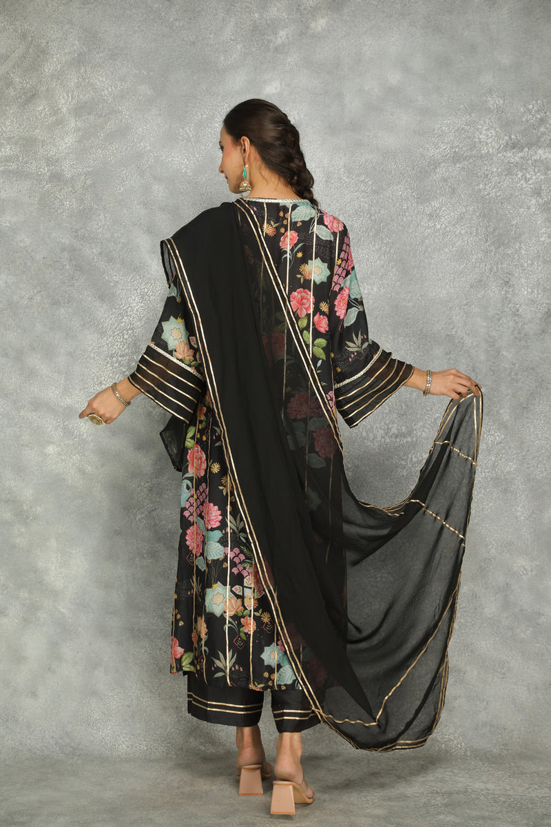 Black Printed Kurta With Pants And Dupatta Set Of 3