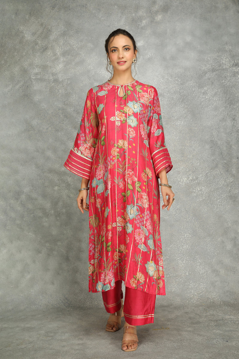 Hot Pink Printed Kurta With Pants And Dupatta Set Of 3