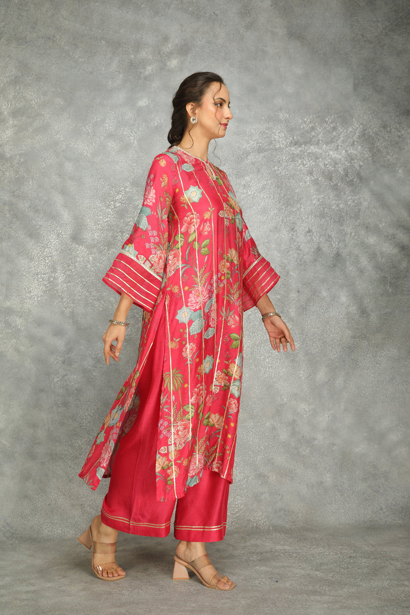 Hot Pink Printed Kurta With Pants And Dupatta Set Of 3