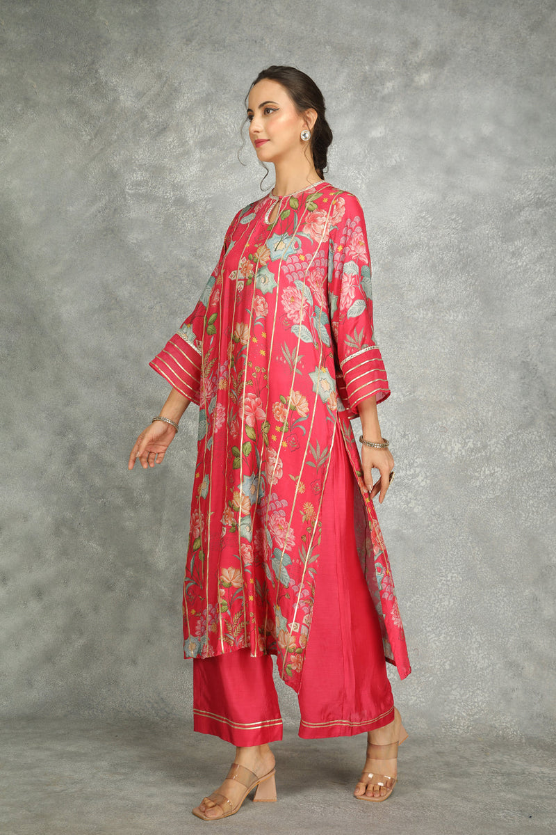 Hot Pink Printed Kurta With Pants And Dupatta Set Of 3