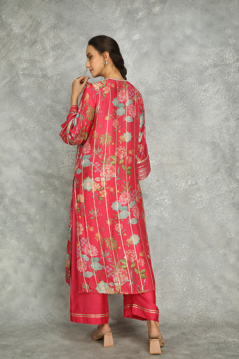 Hot Pink Printed Kurta With Pants And Dupatta Set Of 3