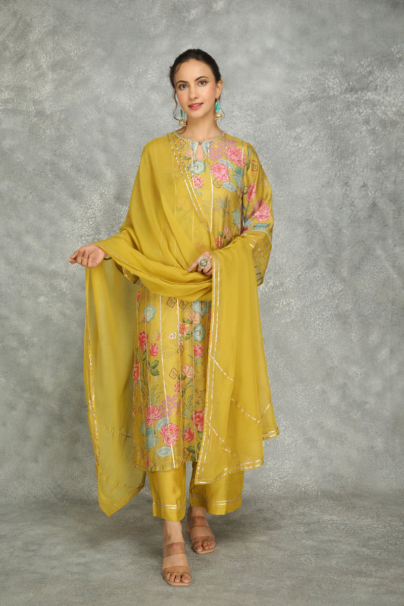 Mustard Green Printed Kurta With Pants And Dupatta Set Of 3