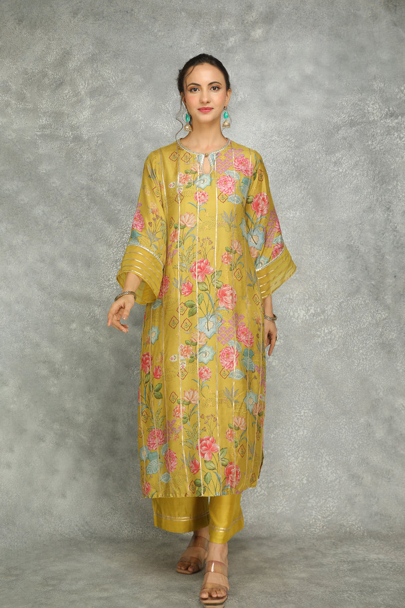 Mustard Green Printed Kurta With Pants And Dupatta Set Of 3