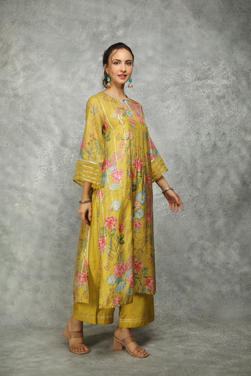 Mustard Green Printed Kurta With Pants And Dupatta Set Of 3