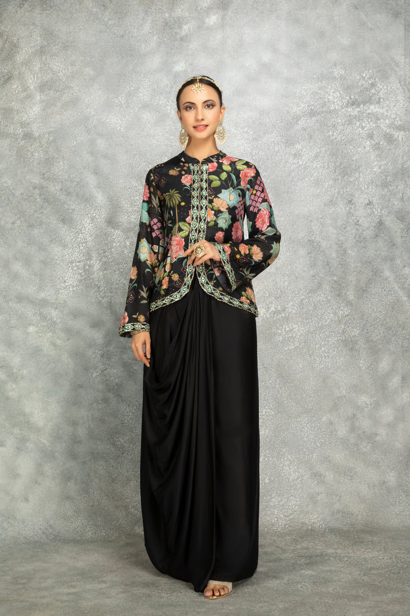 Black Embroidered Printed Jacket With Drape Skirt