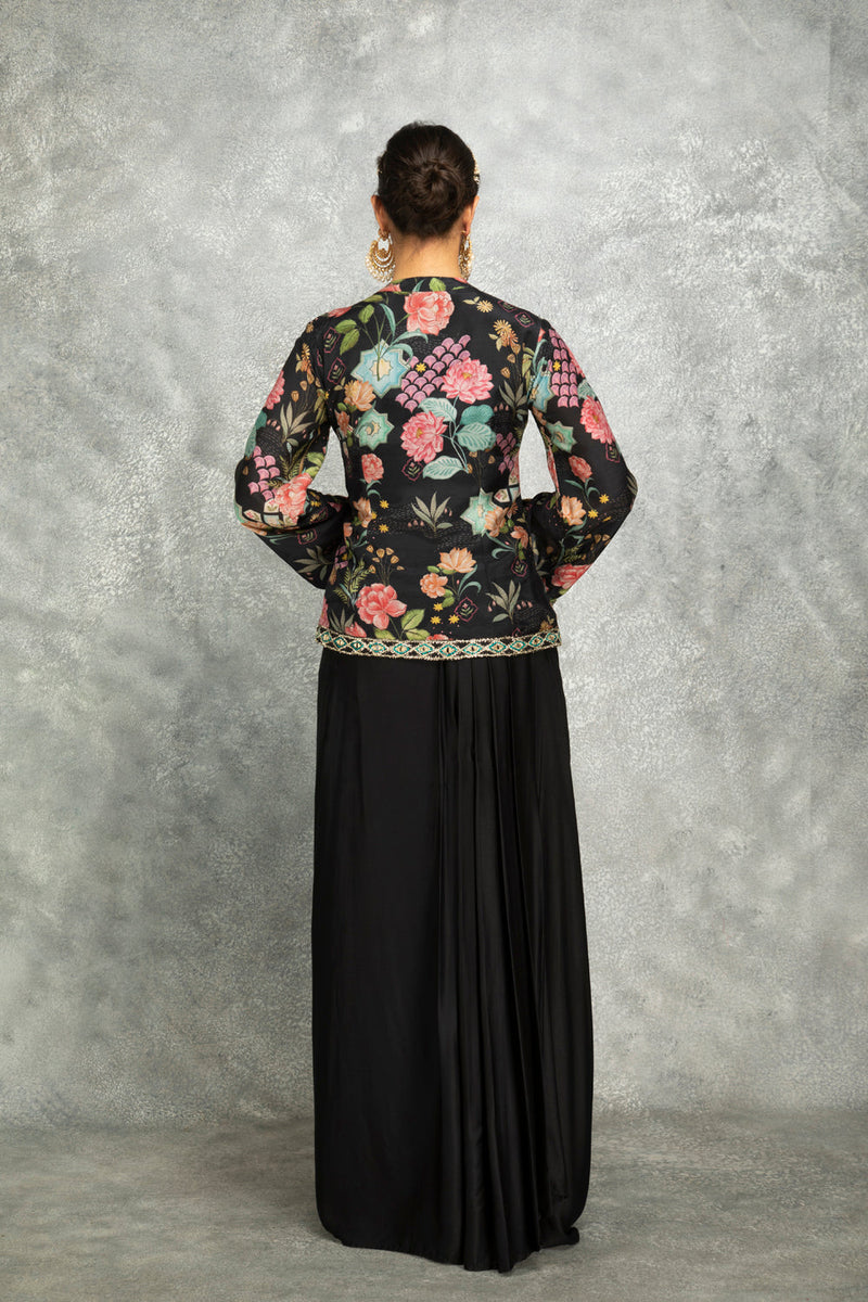 Black Embroidered Printed Jacket With Drape Skirt