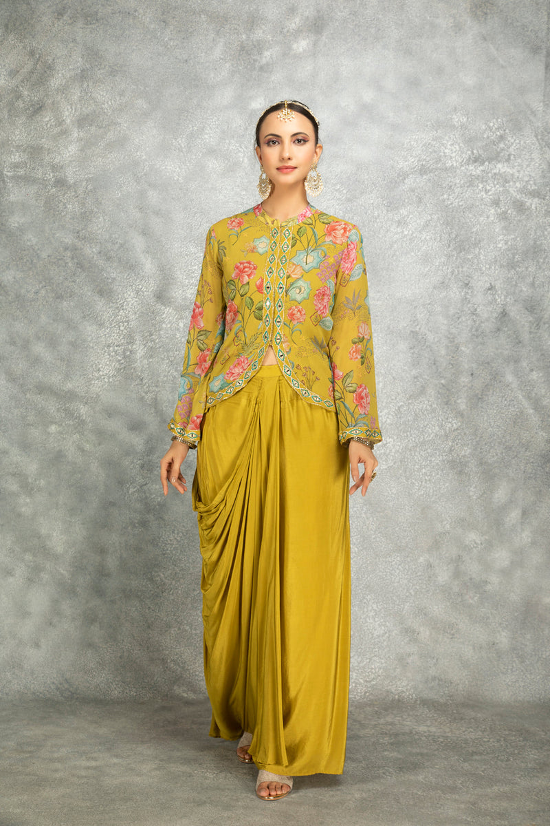 Mustard Green Embroidered Printed Jacket With Drape Skirt