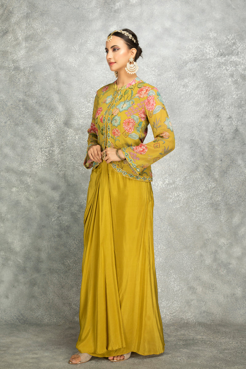 Mustard Green Embroidered Printed Jacket With Drape Skirt