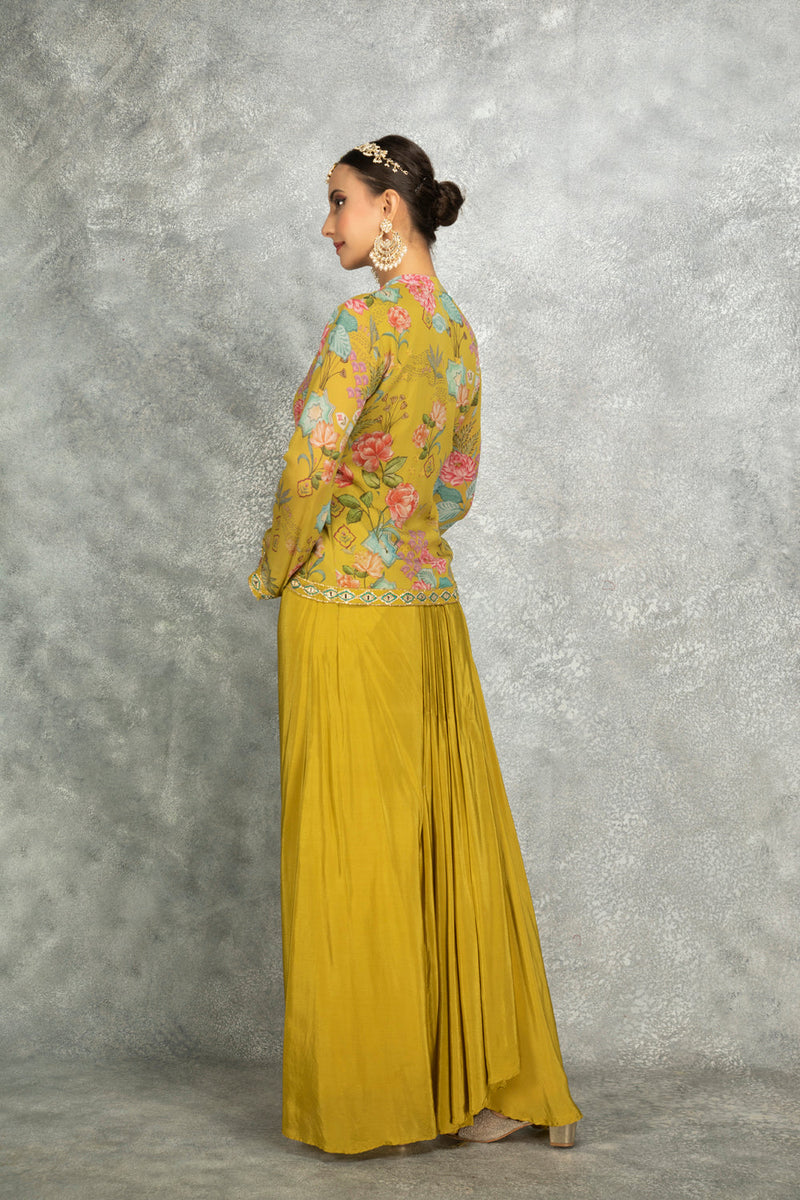 Mustard Green Embroidered Printed Jacket With Drape Skirt