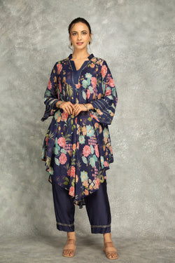 Blue Printed High Low Kurta With Solid Pants