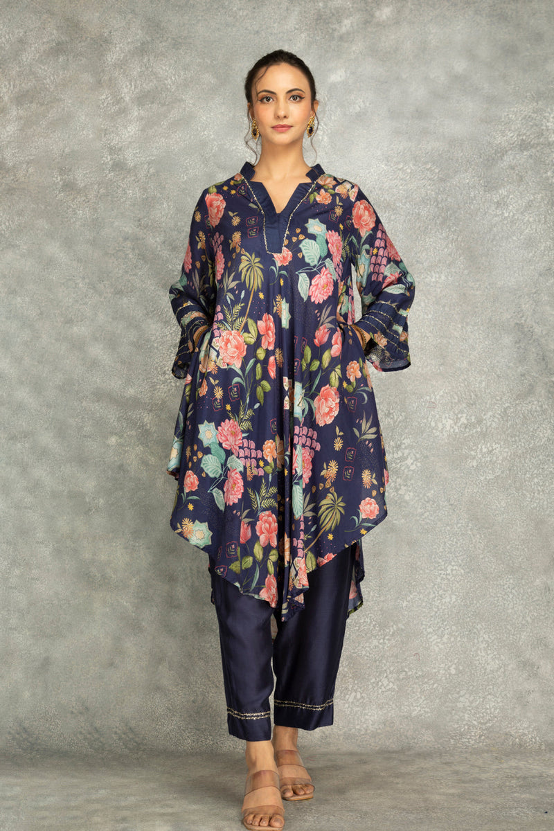 Blue Printed High Low Kurta With Solid Pants