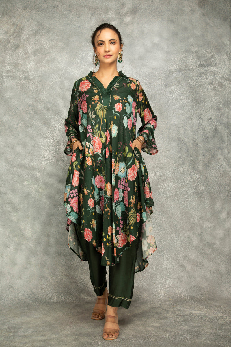 Forest Green Printed High Low Kurta With Solid Pants