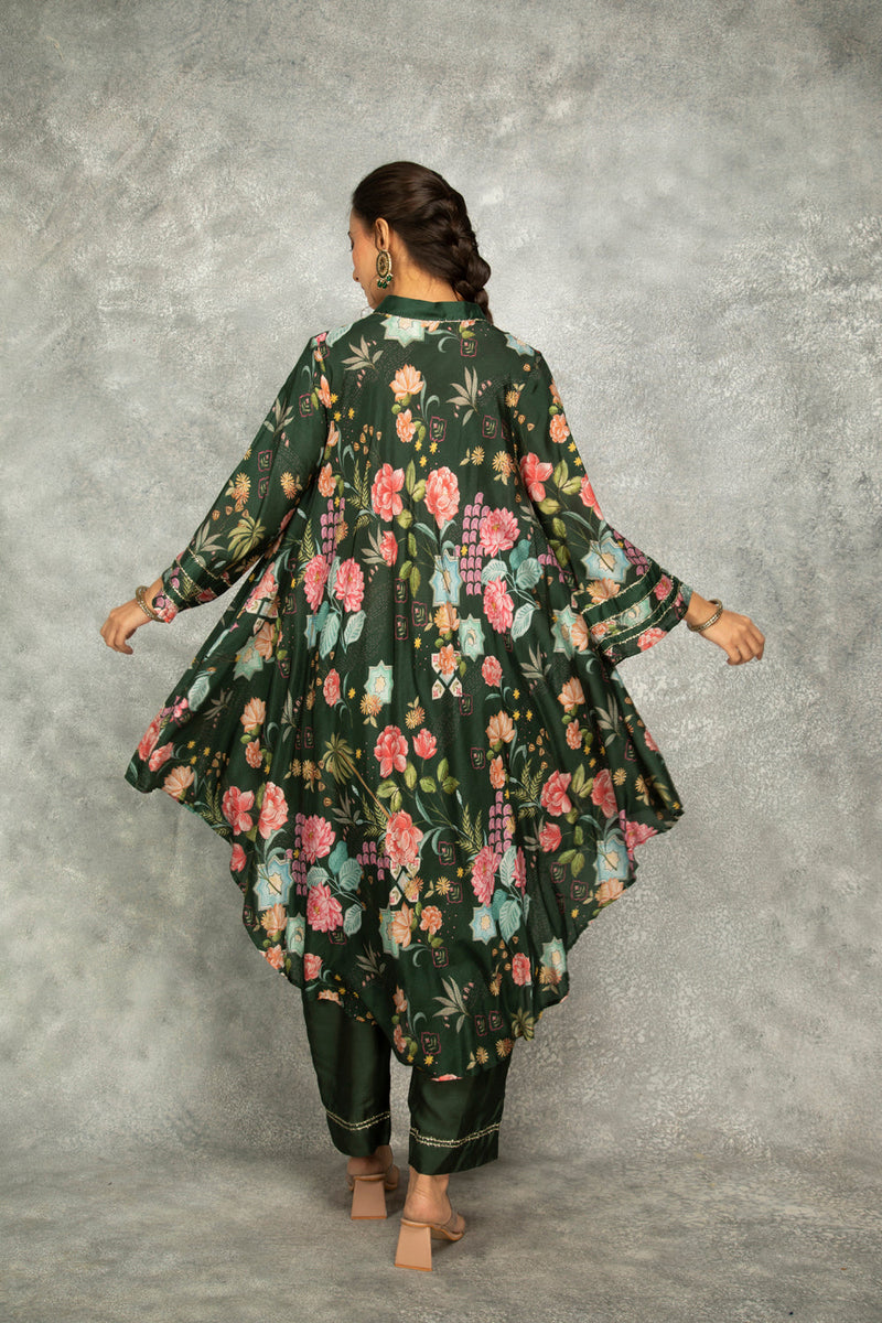 Forest Green Printed High Low Kurta With Solid Pants