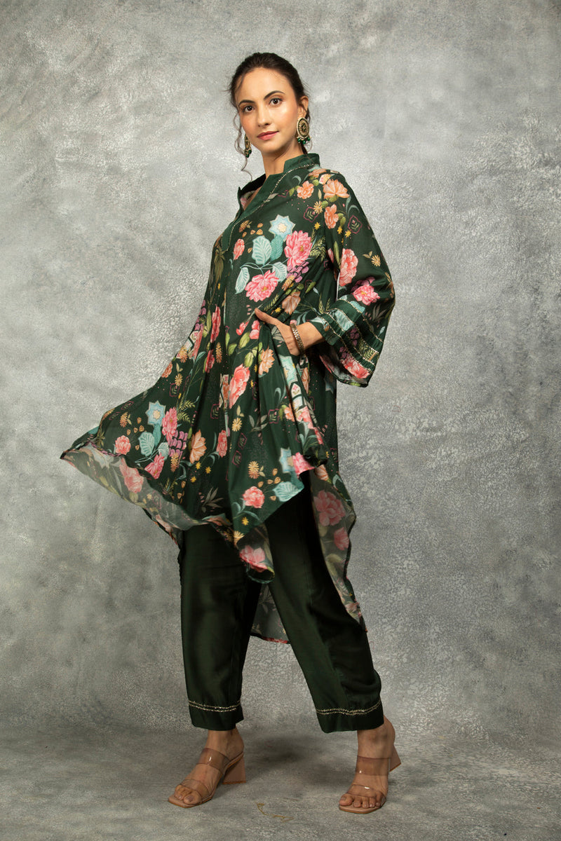 Forest Green Printed High Low Kurta With Solid Pants