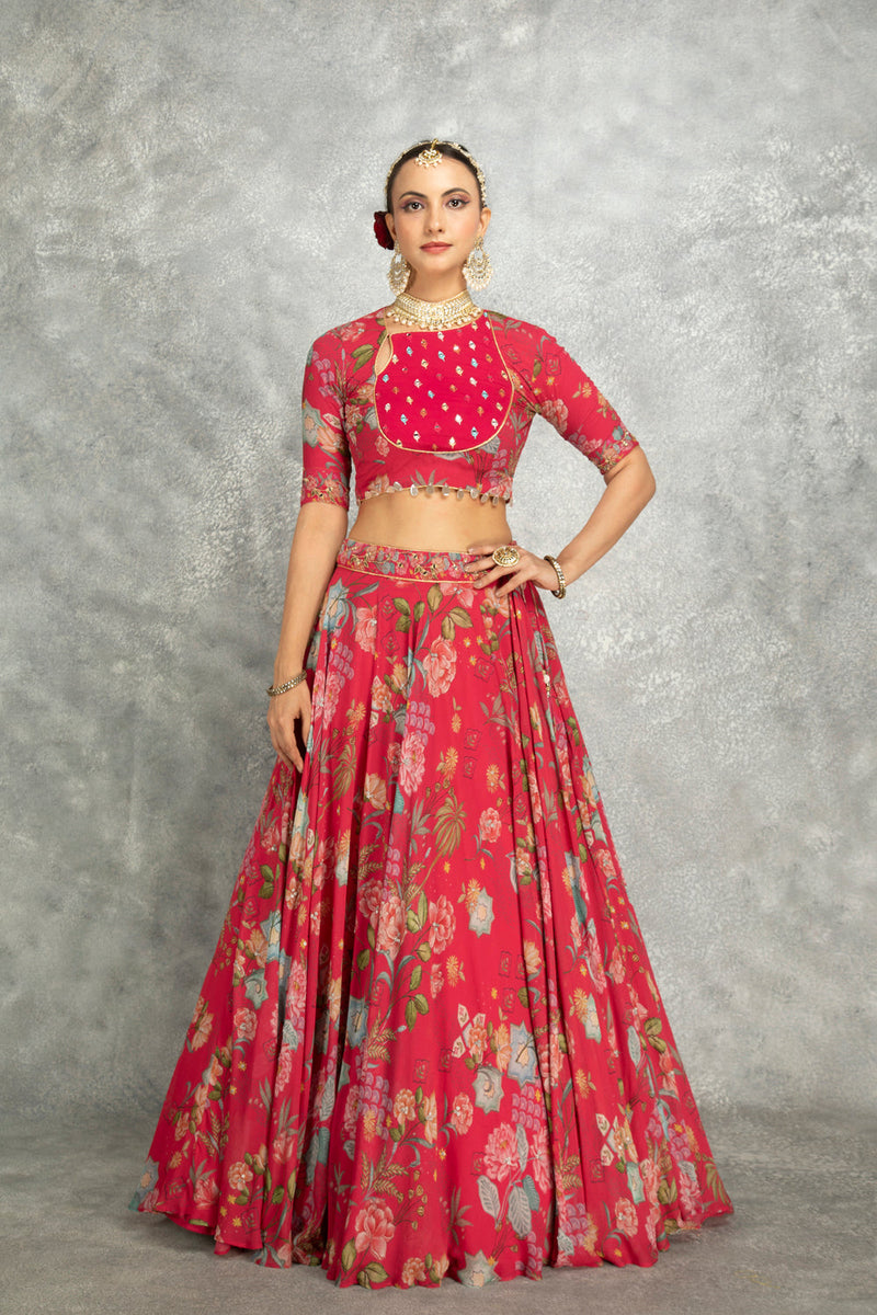 Hot Pink Embroidred Lehenga With Blouse & Dupatta