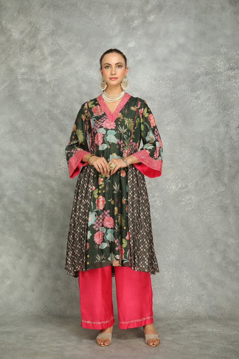 Forest Green Side Panel Buti Kurta With Scalloping Dupatta