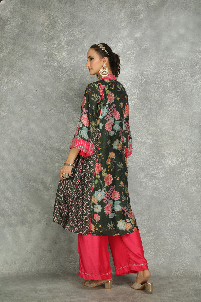 Forest Green Side Panel Buti Kurta With Scalloping Dupatta