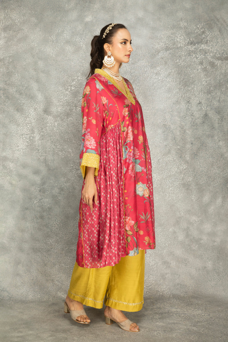 Hot Pink Side Panel Buti Kurta With Scalloping Dupatta