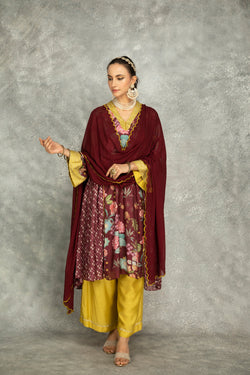 Old Wine Side Panel Buti Kurta With Scalloping Dupatta