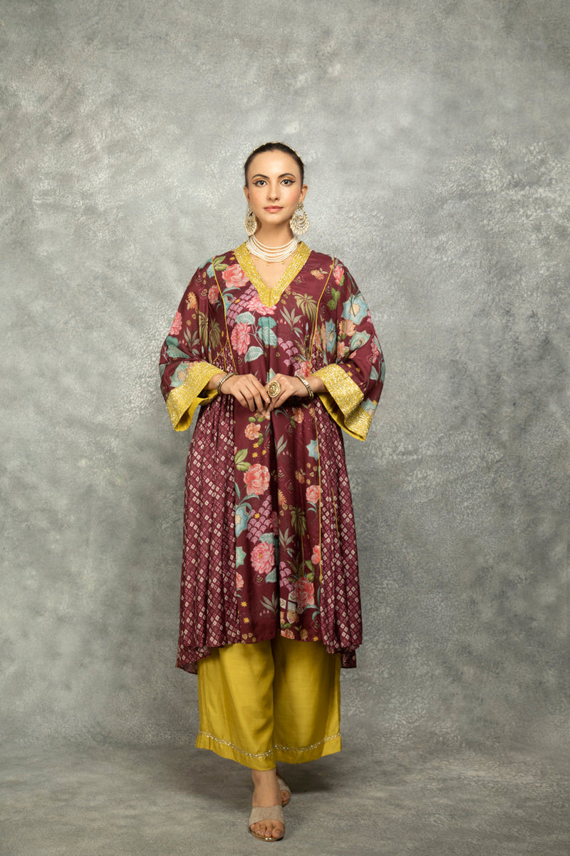 Old Wine Side Panel Buti Kurta With Scalloping Dupatta