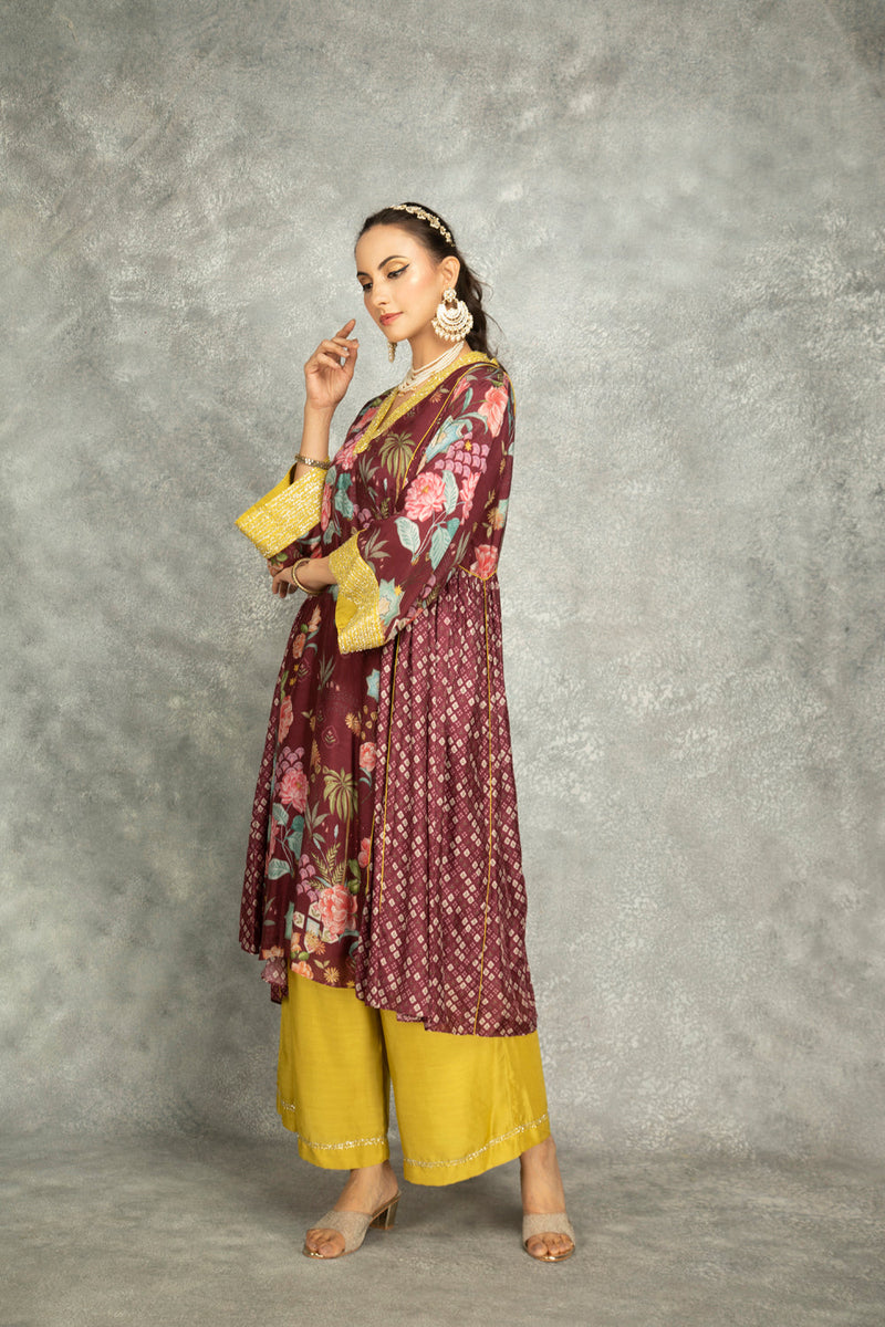 Old Wine Side Panel Buti Kurta With Scalloping Dupatta