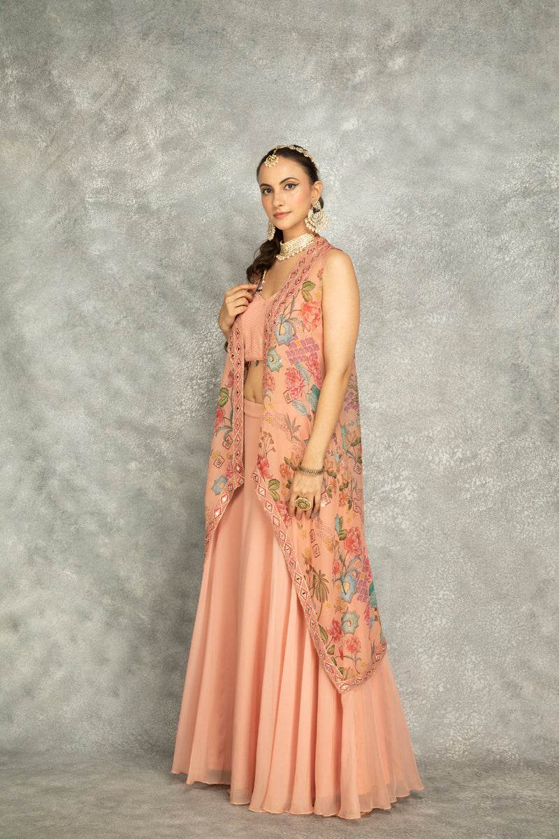 Peach Mirror Embroidered Cape W/Skirt And Crop Top Bustier