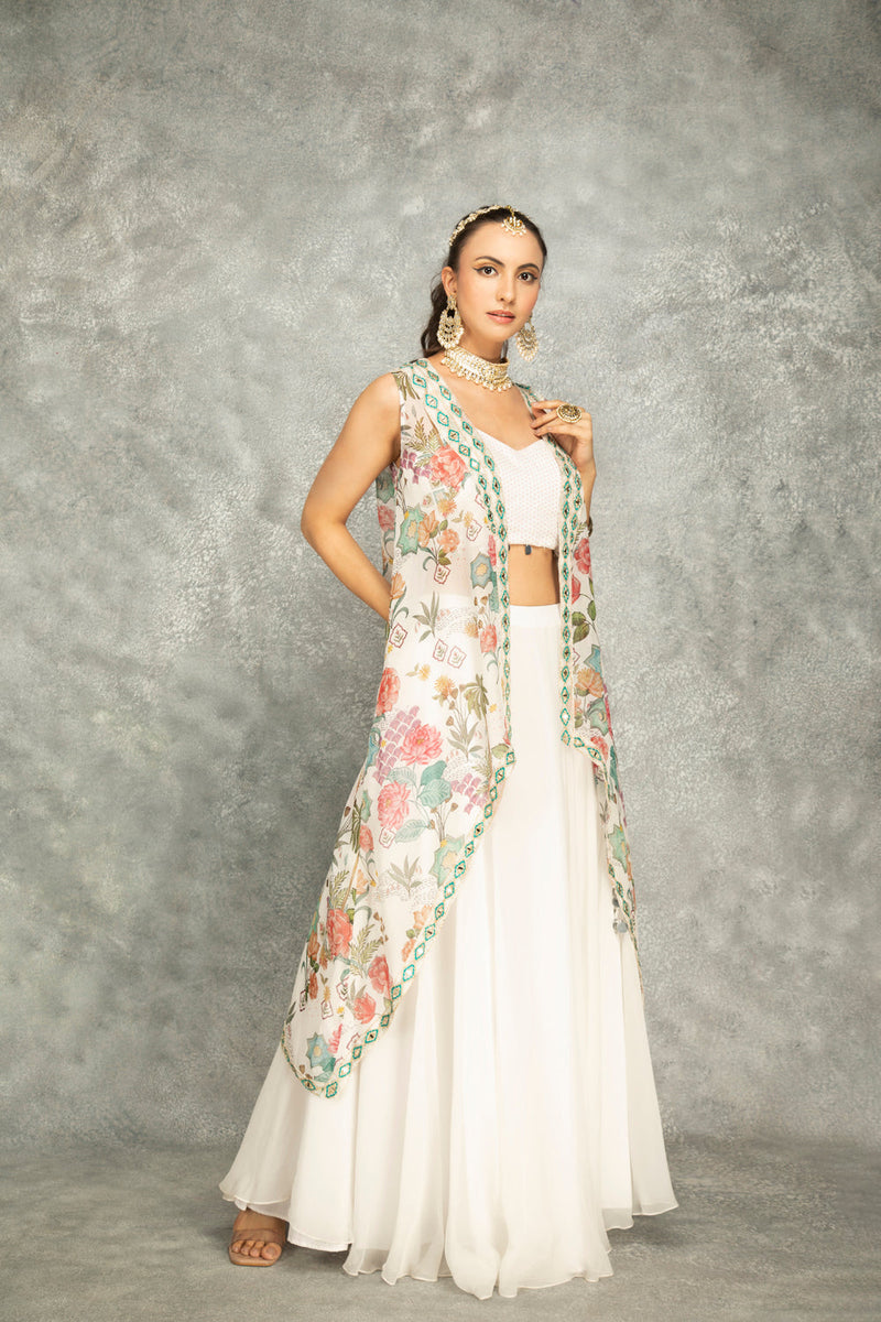 Peach Mirror Embroidered Cape W/Skirt And Crop Top Bustier