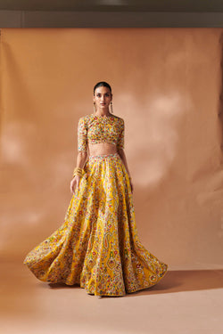 Mustard Lehenga Set With Elbow Lengt Sleeves