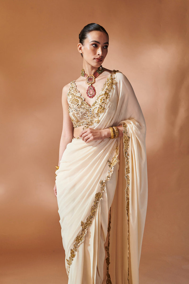 Ivory And Gold Saree Set