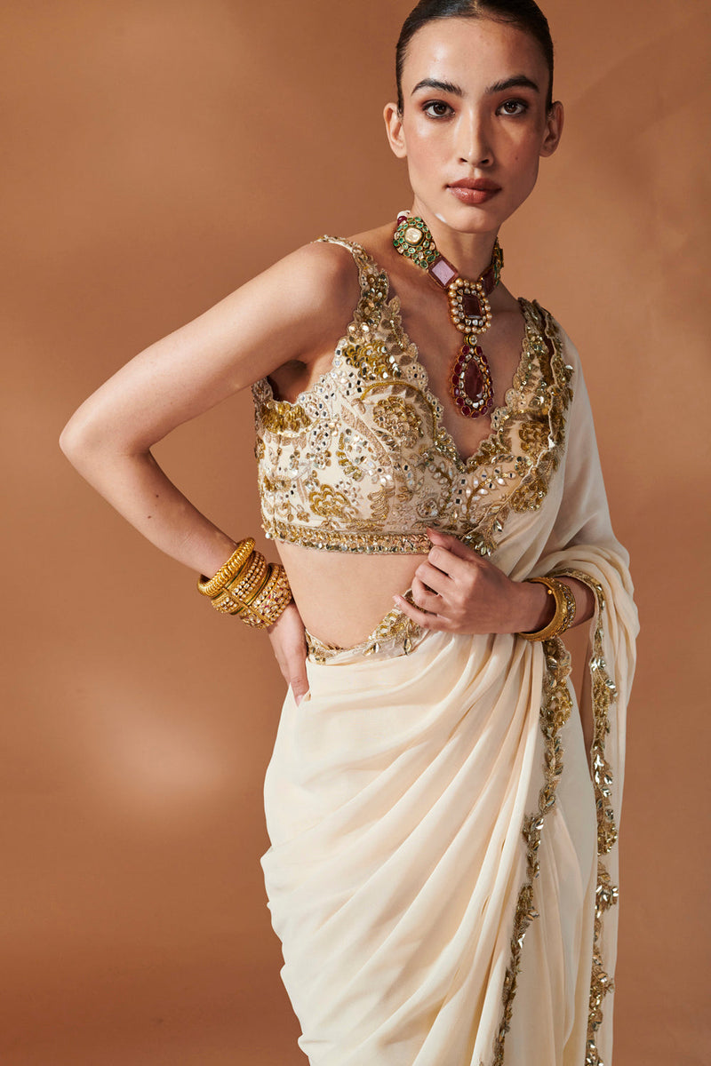 Ivory And Gold Saree Set