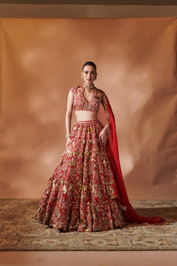 Red Heavily Embroidered Lehenga Set