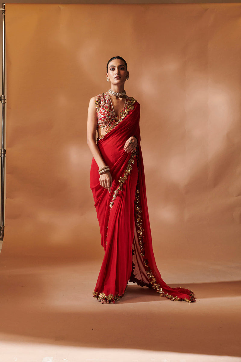 Red And Gold Embroidered Saree Set