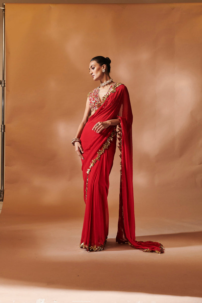 Red And Gold Embroidered Saree Set