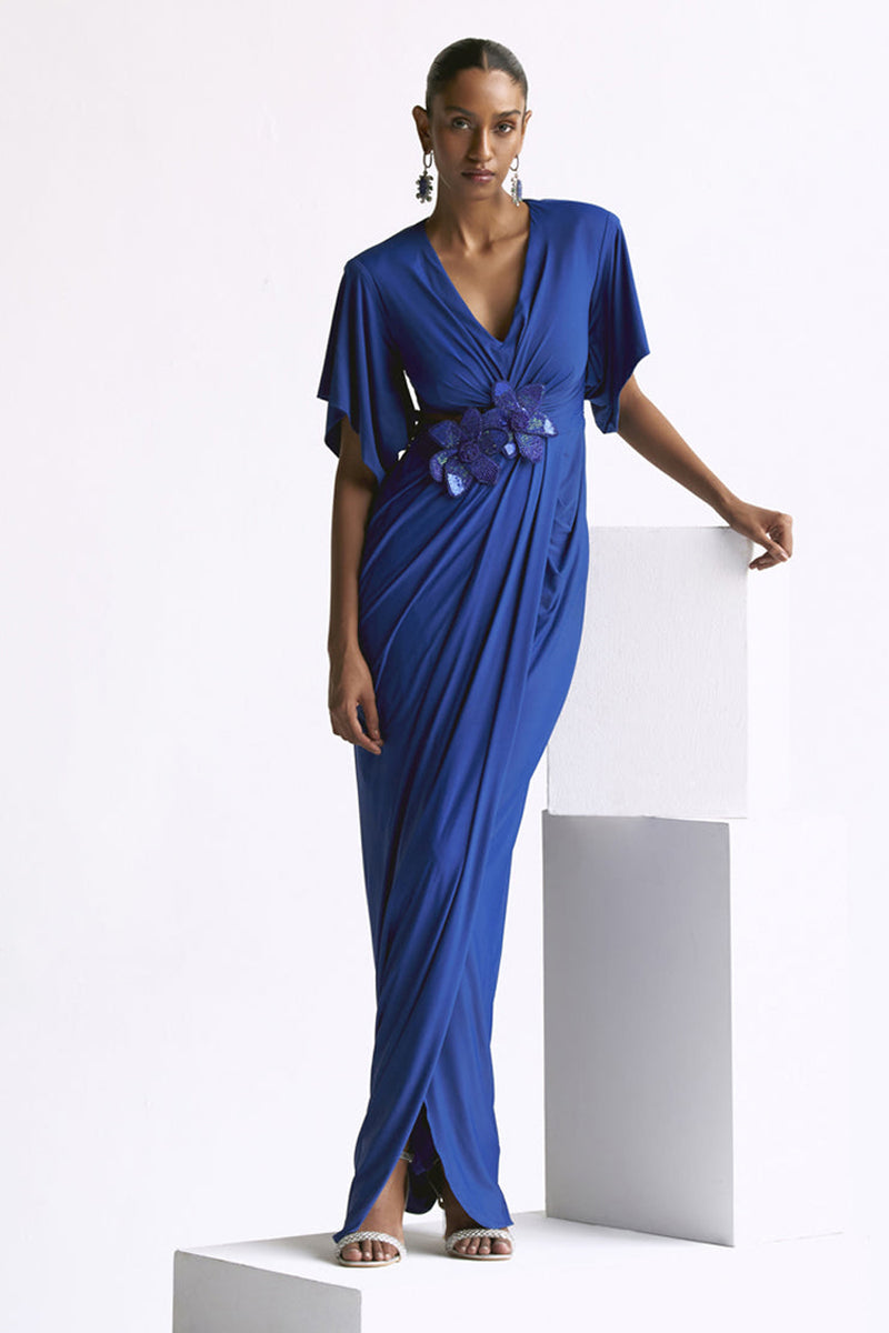 Draped Power Shoulder  Gown