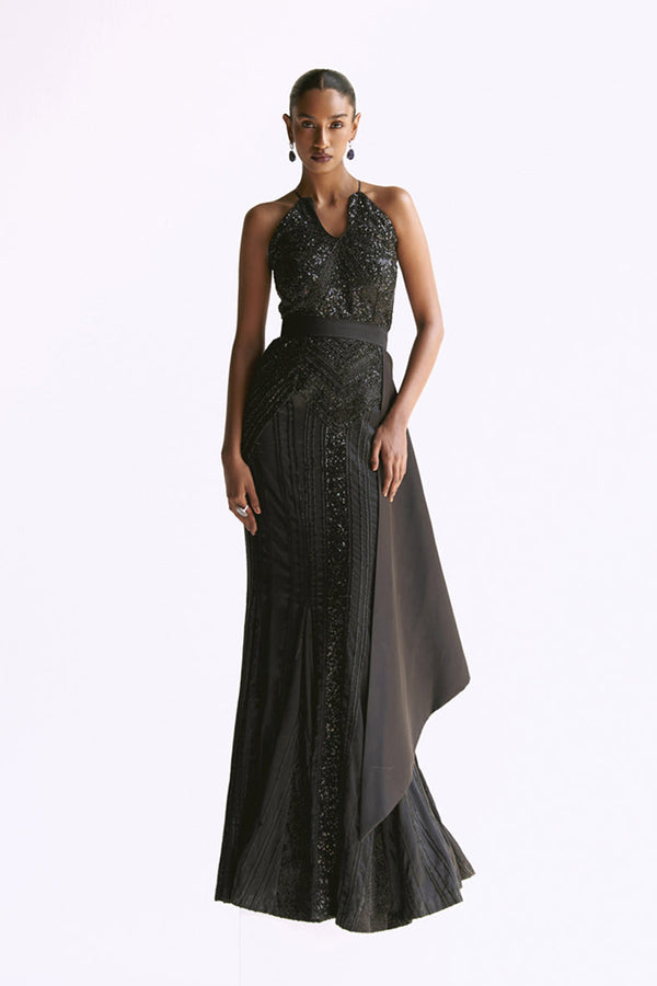 Black Embellished Trumpet Gown