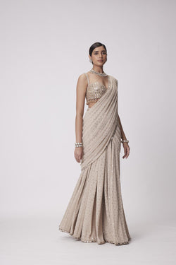 Light Beige Georgette Pre Draped Saree Set