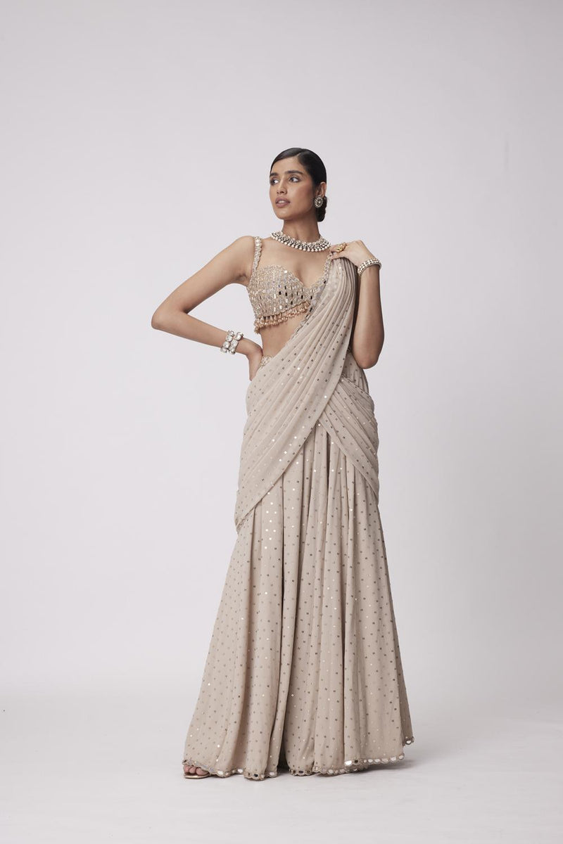 Light Beige Georgette Pre Draped Saree Set