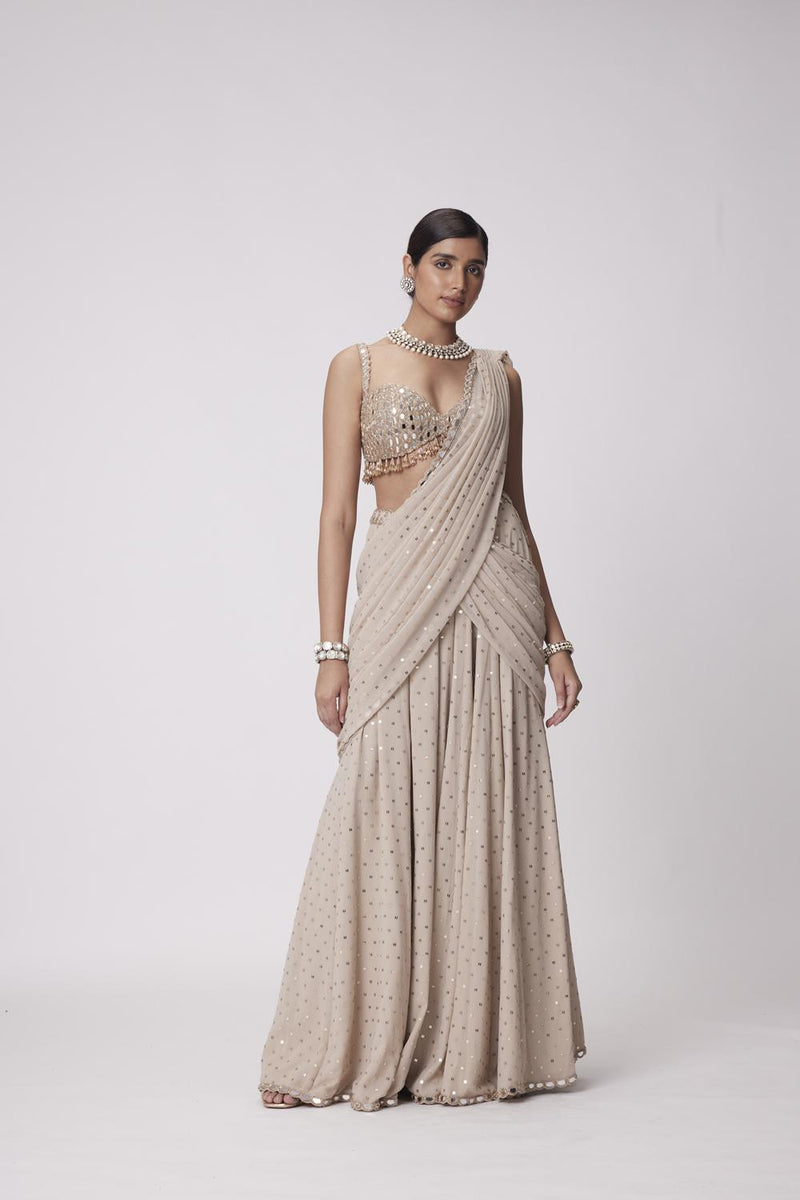 Light Beige Georgette Pre Draped Saree Set