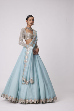 Powder Blue Organza Mirror Embroidered Lehenga Set