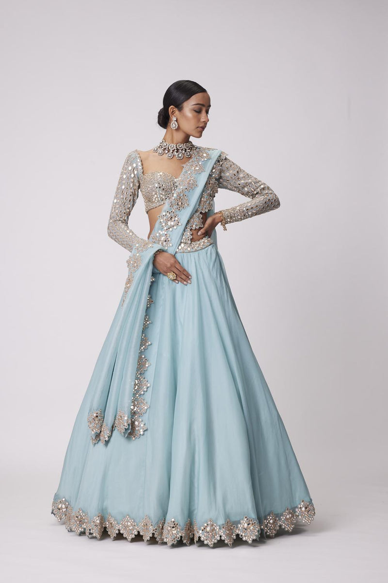 Powder Blue Organza Mirror Embroidered Lehenga Set