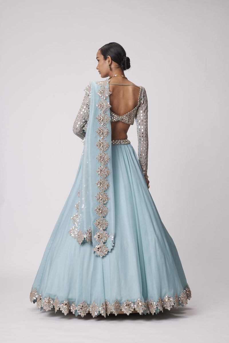 Powder Blue Organza Mirror Embroidered Lehenga Set