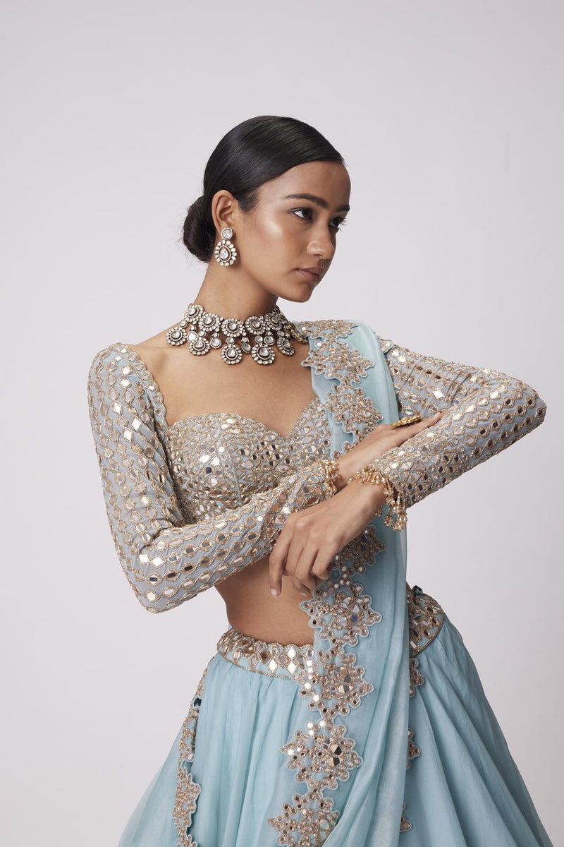 Powder Blue Organza Mirror Embroidered Lehenga Set