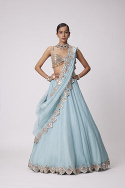 Powder Blue Organza Hand Embroidered Lehenga Set