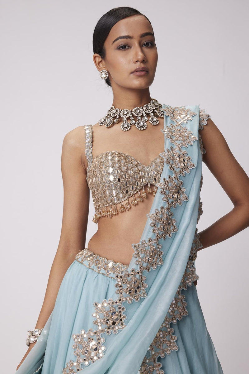 Powder Blue Organza Hand Embroidered Lehenga Set