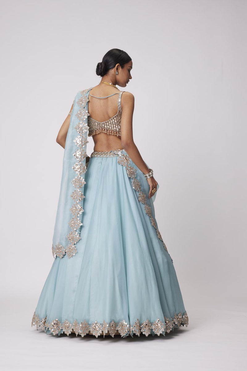 Powder Blue Organza Hand Embroidered Lehenga Set