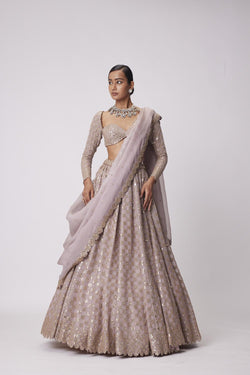 Ash Pink Flower Embroidered Lehenga Set