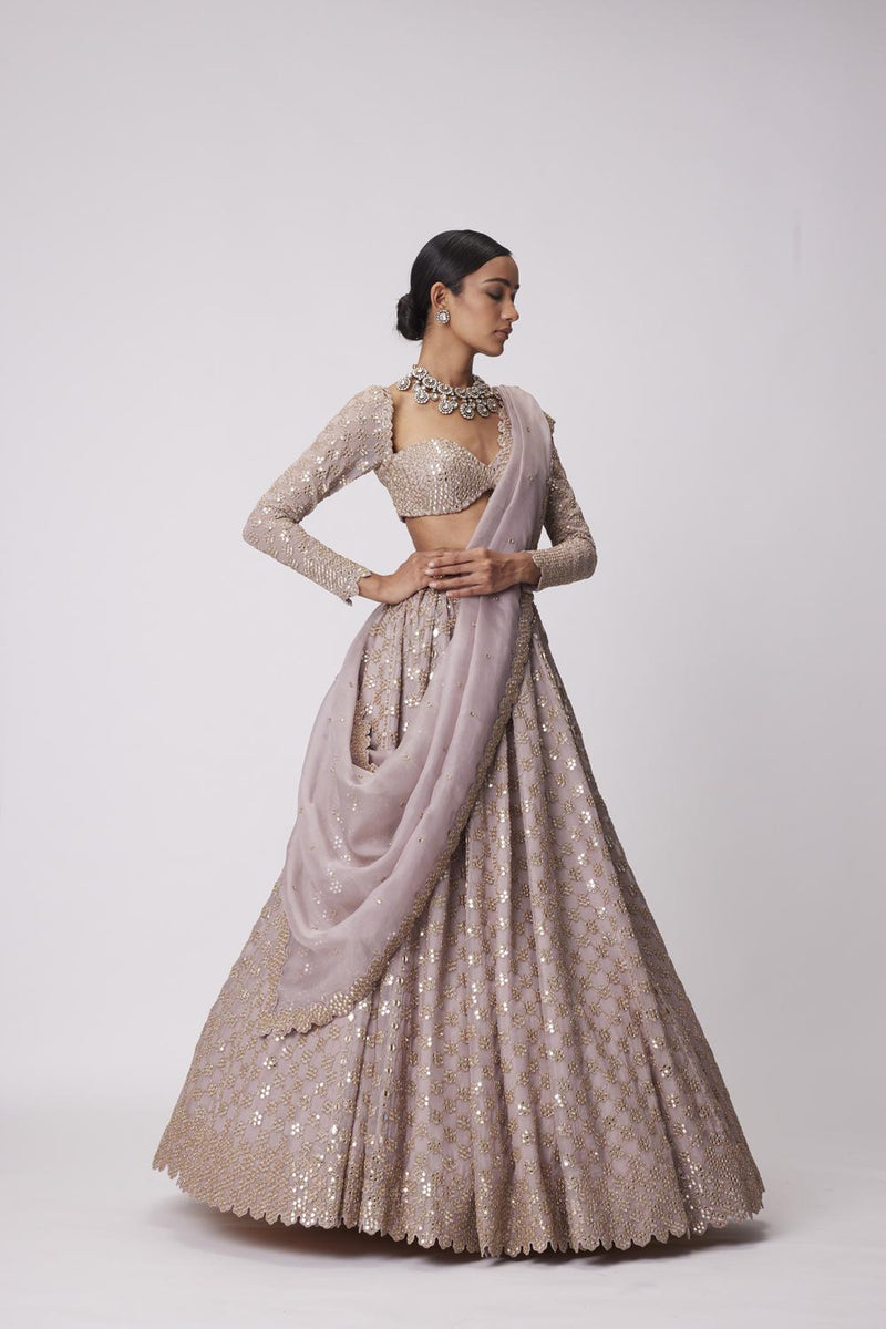 Ash Pink Flower Embroidered Lehenga Set