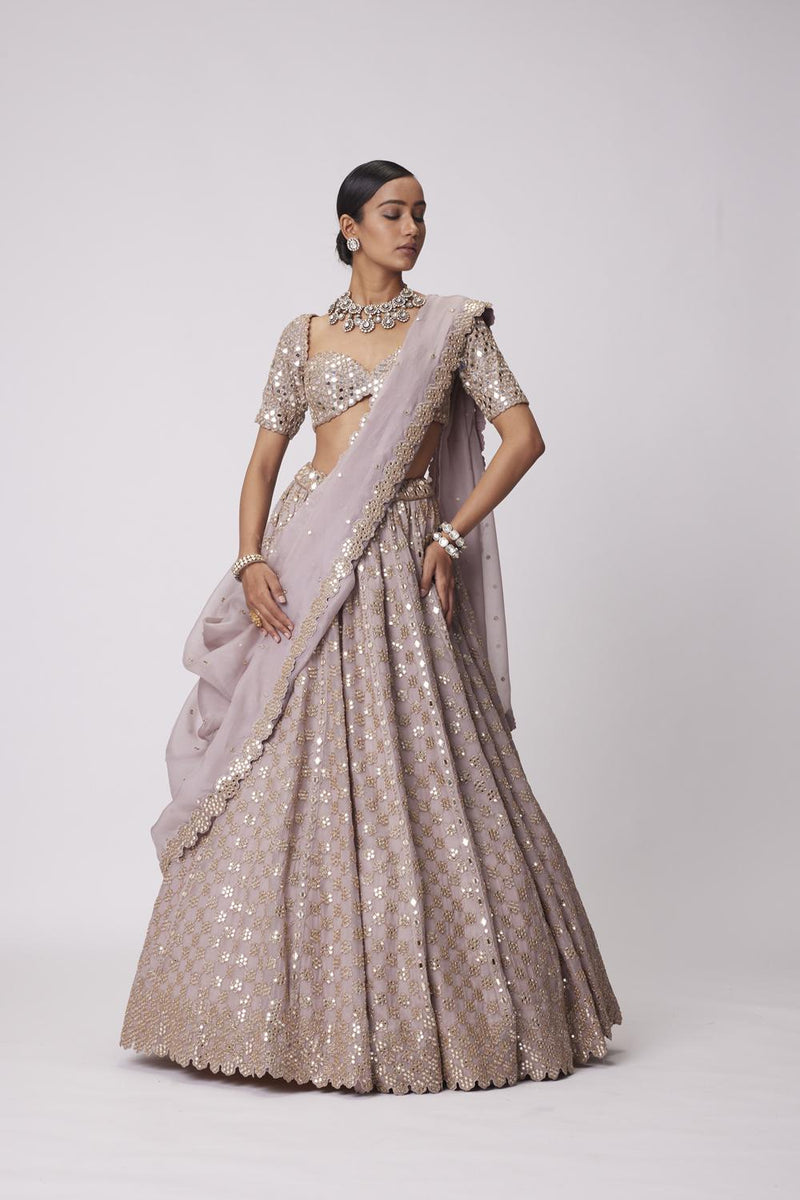 Ash Pink Mirror Flower Embroidered Lehenga Set